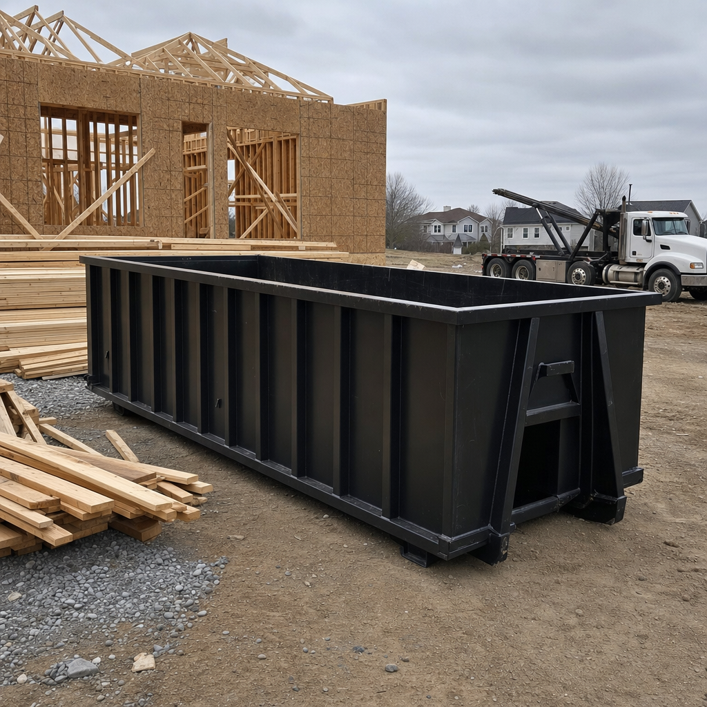 Matte-black 40-yard roll-off dumpster staged on a framed-out residential construction site in Redondo Beach, framing lumber stacked nearby, hooklift delivery truck visible in the background under bright Colorado daylight