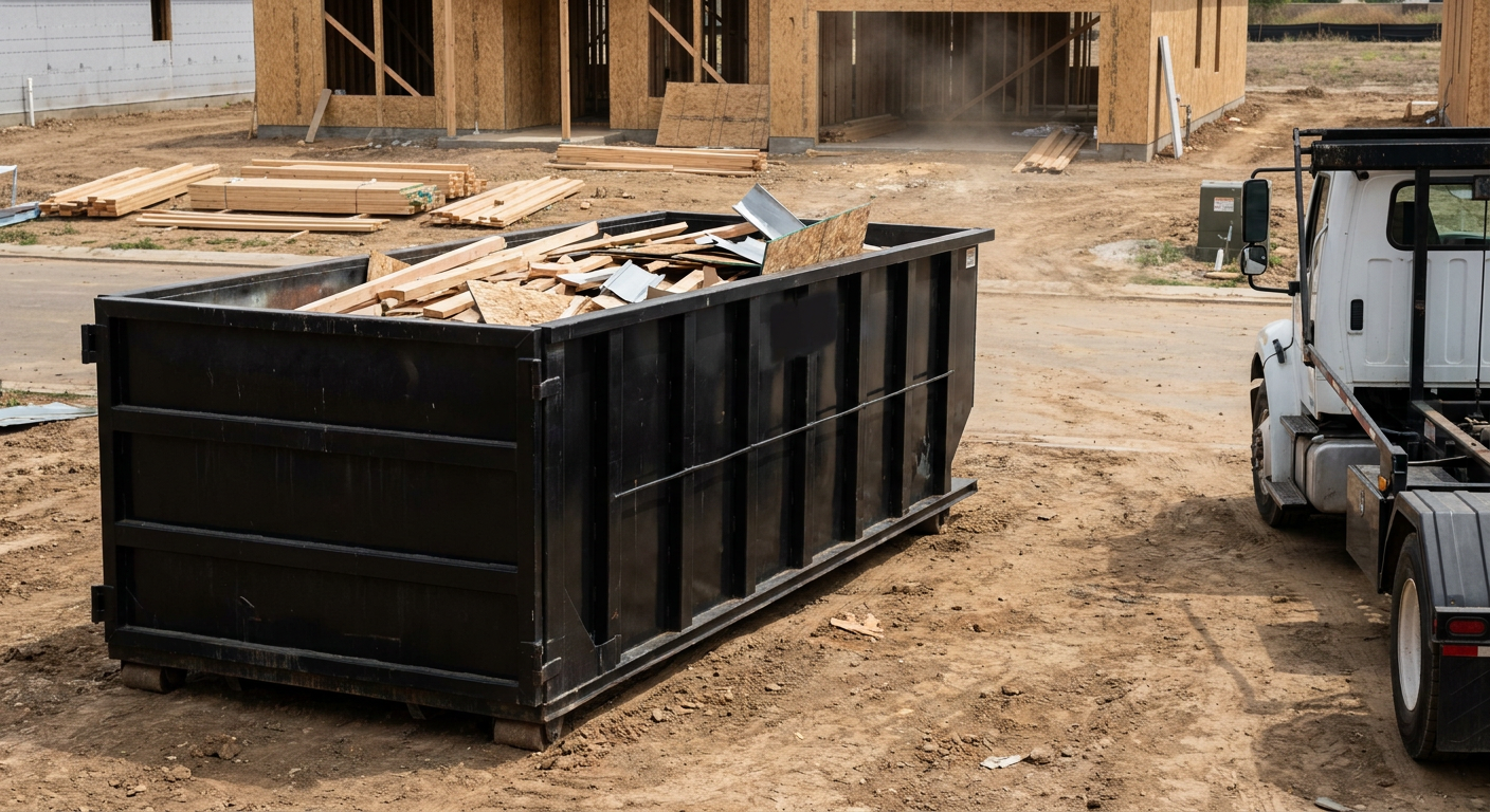 Matte-black 20-yard roll-off construction dumpster with heavy ribbed steel sidewalls and swing rear doors at a working jobsite in Redondo Beach, sitting directly on compacted dirt with an unmarked white hauler partially visible at the far edge of the frame.