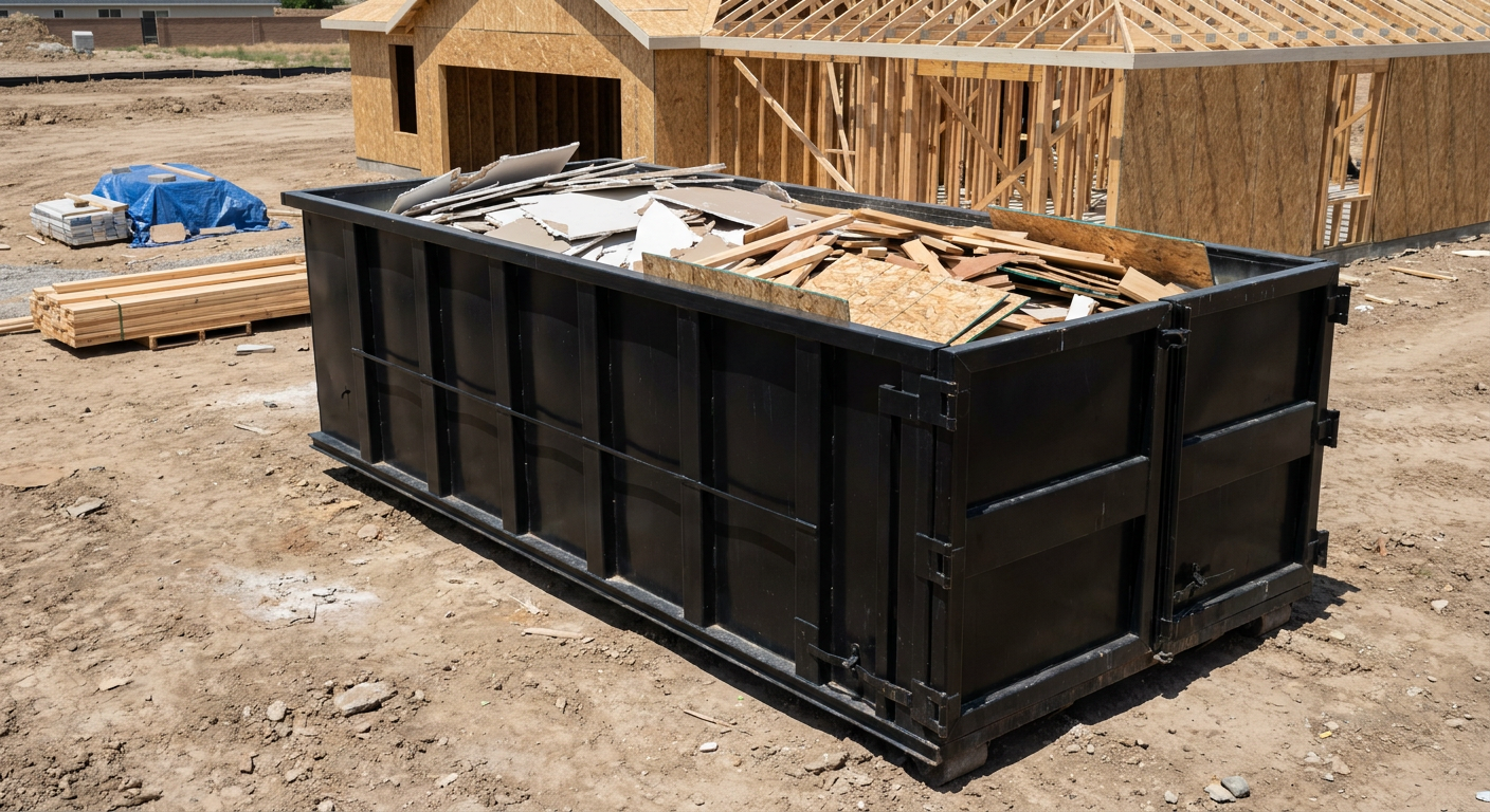 Matte-black 30-yard roll-off construction dumpster sitting directly on the compacted-dirt site of a framed single-family home build in Redondo Beach, drywall and lumber scrap loaded inside.