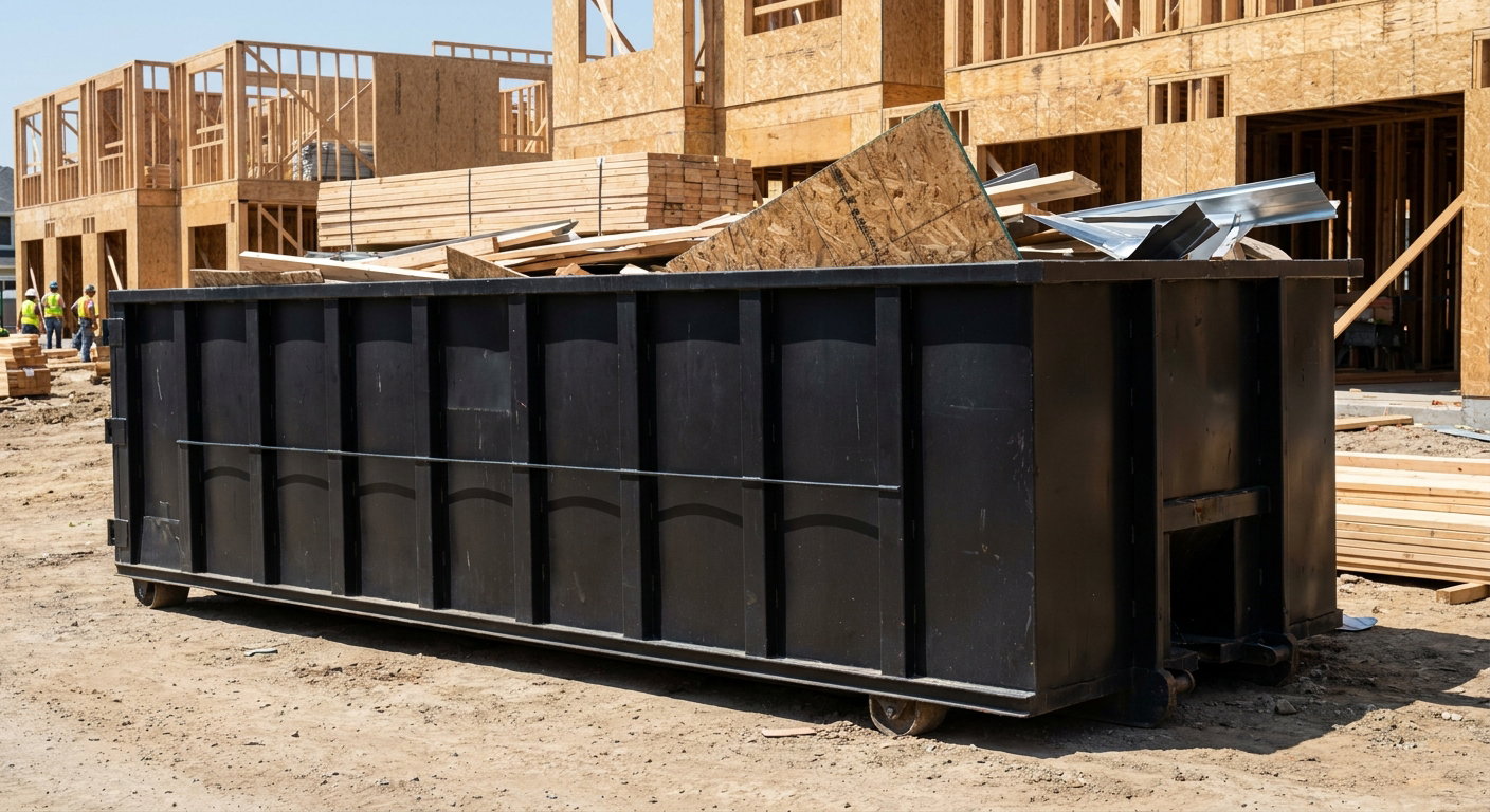 Matte-black 40-yard roll-off construction dumpster being lowered from a white-cab hooklift delivery truck onto the compacted-dirt jobsite at a commercial build site in Redondo Beach