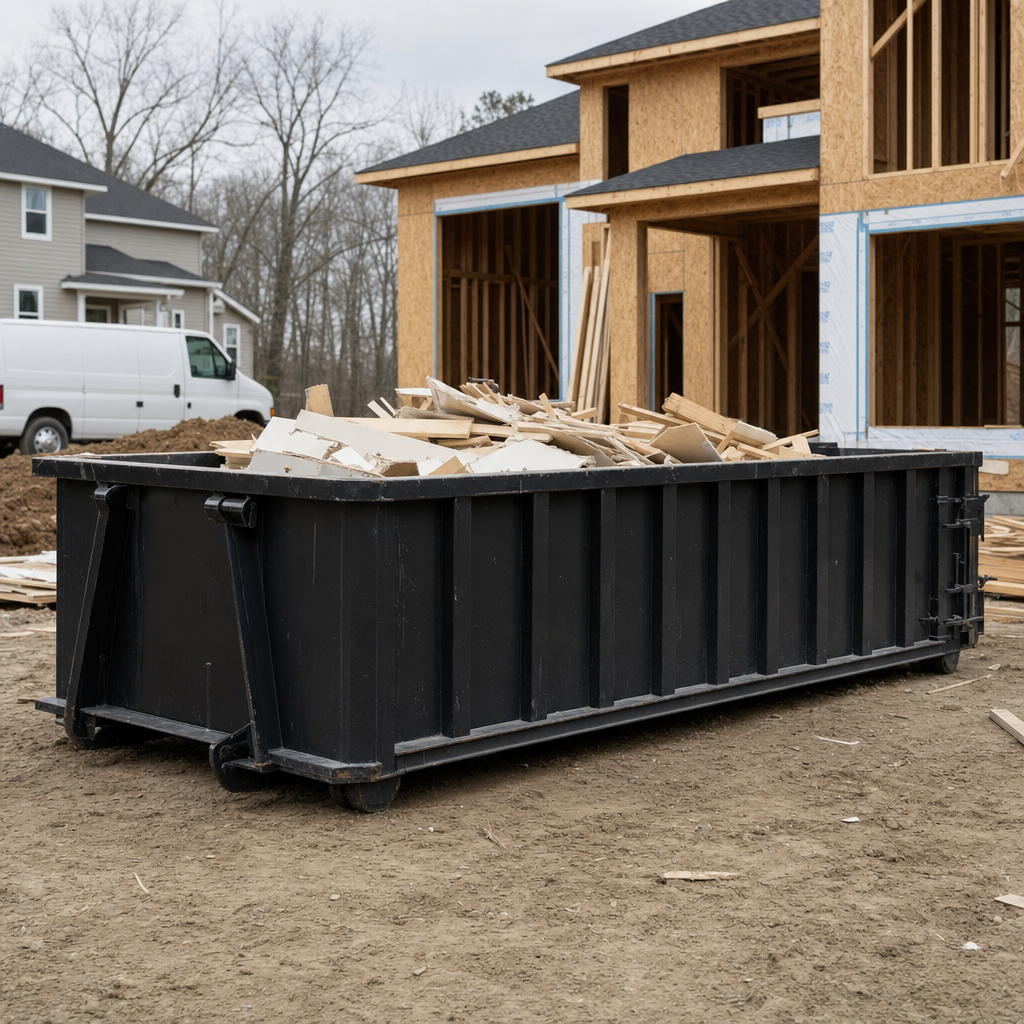 Worker in a yellow high-visibility vest tossing framing lumber and broken drywall into a matte-black 30-yard construction roll-off dumpster on an active build site in Redondo Beach, bright daylight