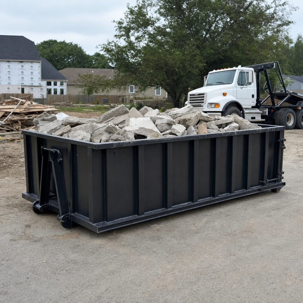 Low-profile matte-black lowboy roll-off dumpster loaded with broken concrete slab and rebar at a foundation tear-out in Redondo Beach, skid steer parked beside it, sunny Colorado morning