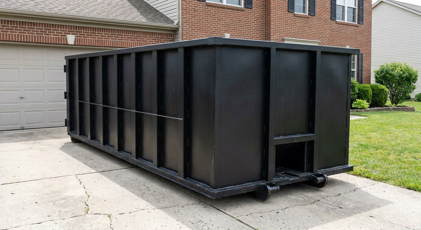 Matte-black 20-yard roll-off container on a Redondo Beach residential concrete driveway with reinforced ribbed steel sidewalls and a hinged rear walk-in door, clean bright daylight.