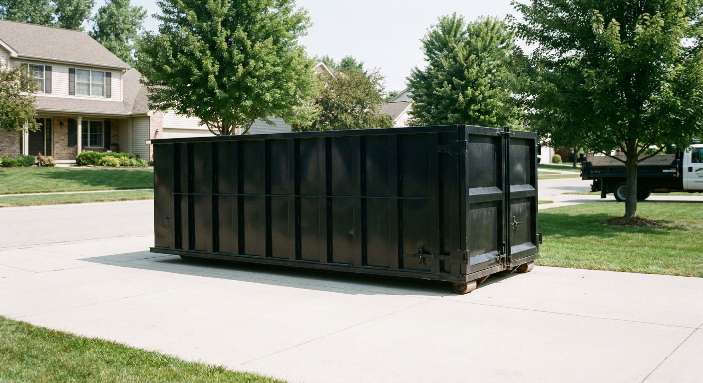Matte-black 20-yard roll-off dumpster sitting level on a clean Redondo Beach residential concrete driveway under bright daylight, demonstrating clean placement directly on the concrete.