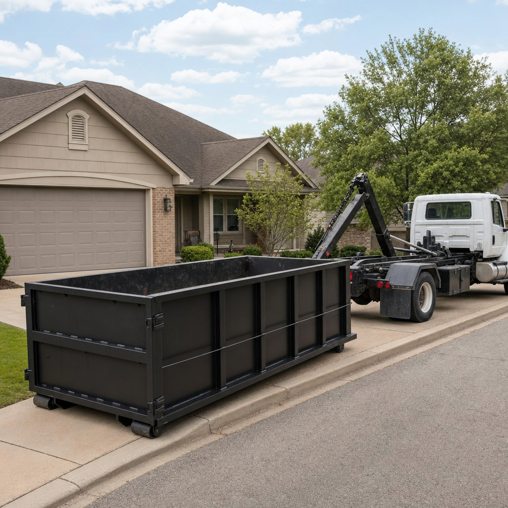 Wide documentary shot of a matte-black roll-off dumpster on a Redondo Beach residential driveway in the foreground and a contractor jobsite container in the soft-focus background, bright daylight, calm and orderly composition.