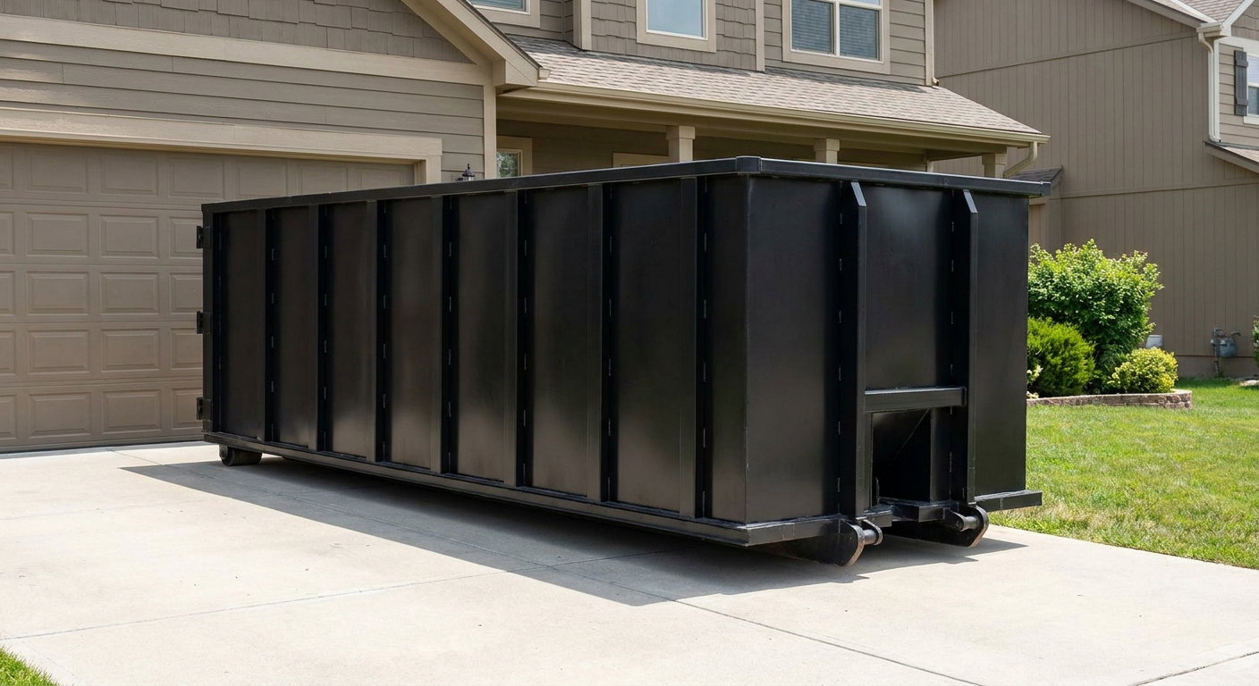 Matte-black residential roll-off dumpster sitting directly on a suburban Redondo Beach concrete driveway, garage door closed, single-family home in background, bright morning daylight.
