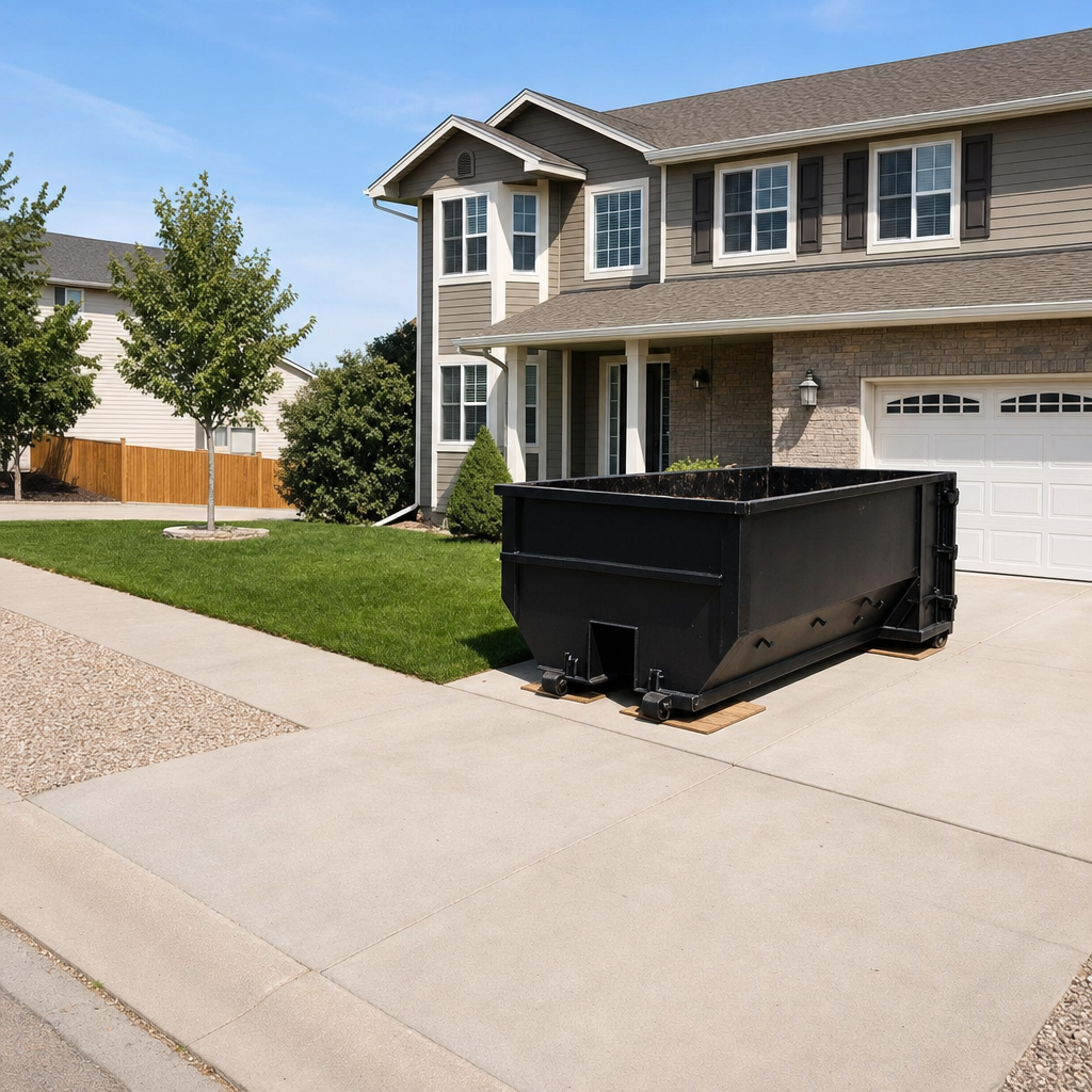 10-yard matte-black residential dumpster placed directly on a narrow Redondo Beach concrete driveway, room remains for a parked sedan beside it, mid-morning natural light