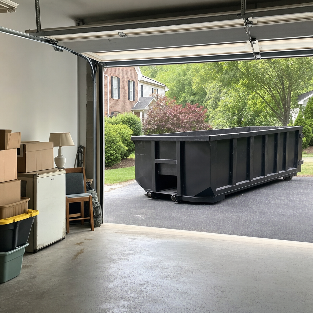 Open garage interior in a Redondo Beach home mid-cleanout — boxed items, an old appliance, and stacked yard tools queued near the driveway for a matte-black roll-off dumpster, organized and calm