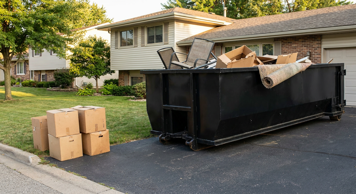 Front-yard view of a Redondo Beach split-level home with a 20-yard matte-black roll-off dumpster sitting directly on the asphalt driveway, a few clearly labeled donation boxes staged at the curb, calm sunny afternoon.