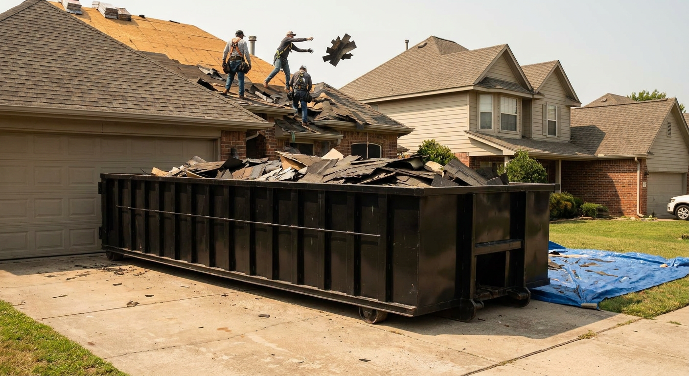 Matte-black roofing roll-off dumpster placed directly on a Redondo Beach residential concrete driveway, a tear-off crew on a two-story asphalt-shingle roof tossing shingle bundles into the low-walled container, bright daylight, documentary 35mm perspective.