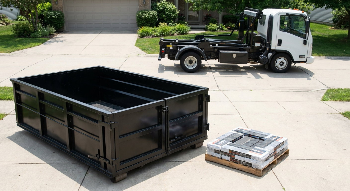 Matte-black 15-yard roofing roll-off dumpster with reinforced low side walls sitting directly on a Redondo Beach residential concrete driveway, three-tab asphalt shingle bundles stacked nearby, an unmarked white hauler truck partially visible at the edge of the frame.