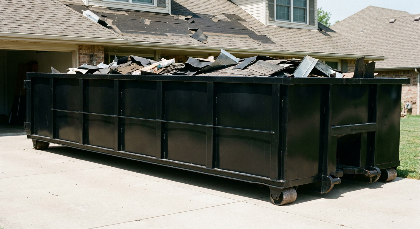 Matte-black 20-yard roofing roll-off dumpster with steel ribbed sides and swinging rear door, sitting directly on the concrete driveway of a two-story Redondo Beach home, asphalt shingle debris being loaded over the low wall, clean documentary lighting.