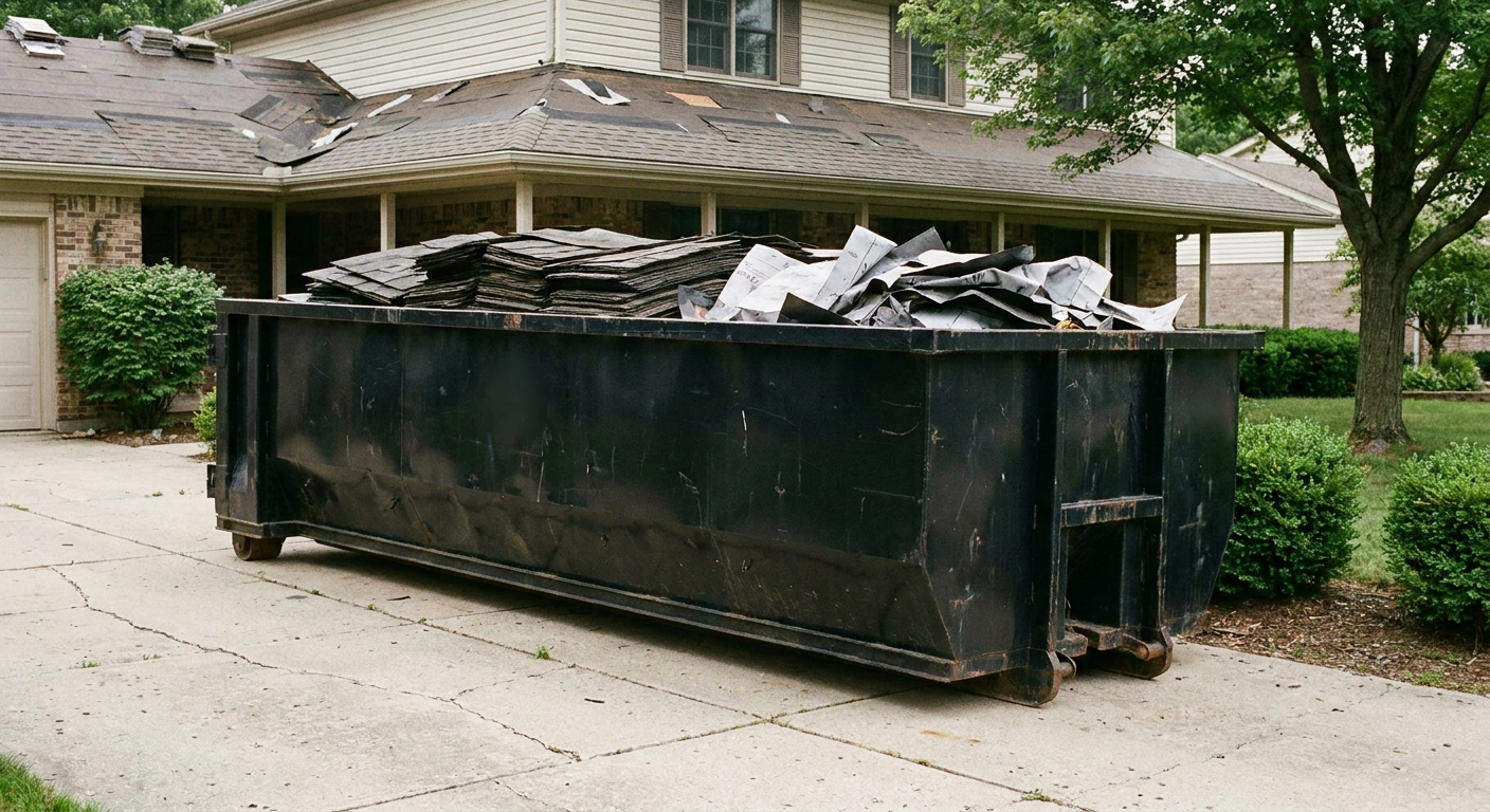 Matte-black 30-yard roofing roll-off dumpster sitting directly on a Redondo Beach concrete driveway, taller ribbed steel side panels, mixed tear-off debris of asphalt shingles and underlayment inside, professional documentary daylight.