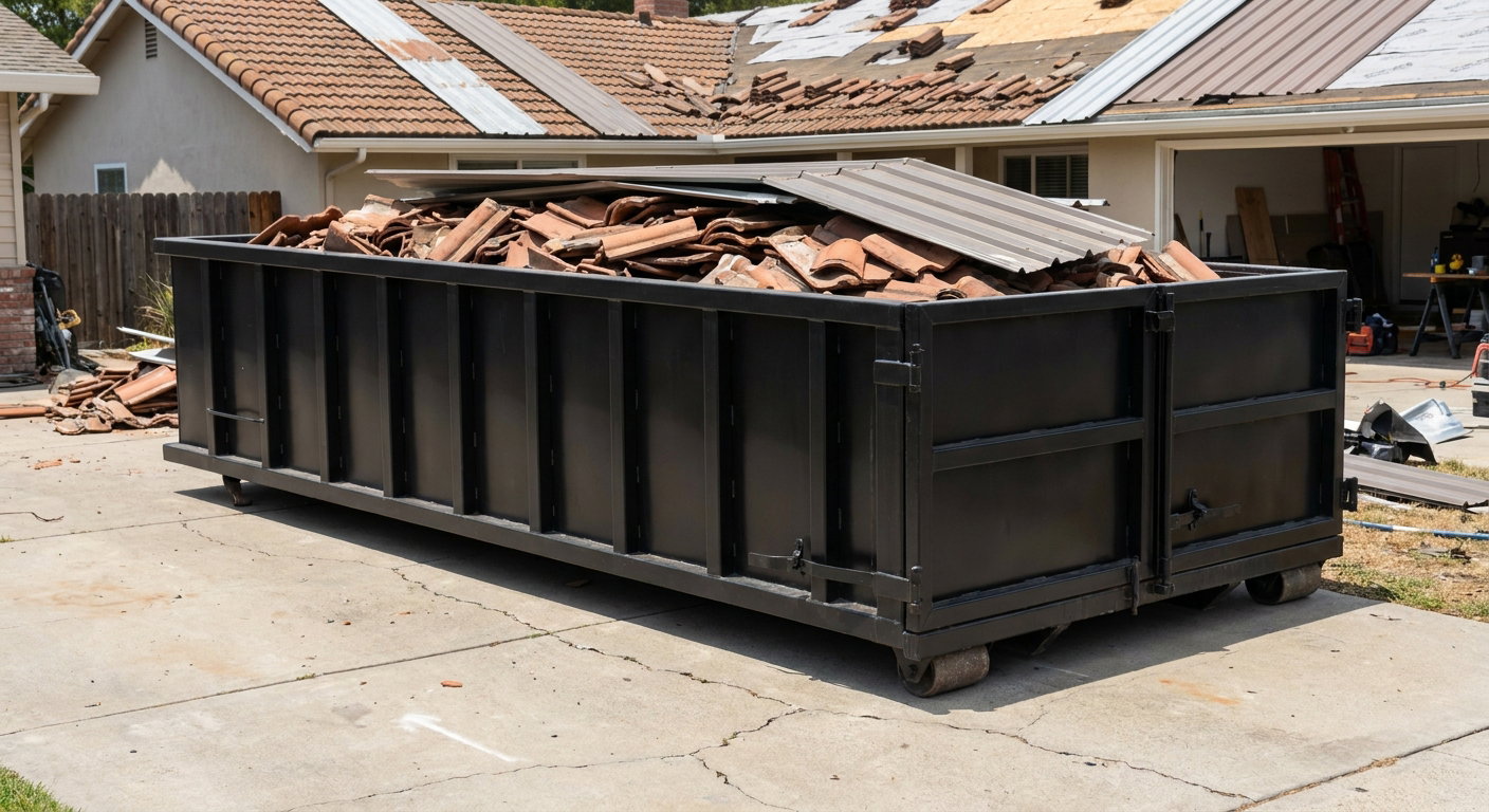 Matte-black low-wall heavy-debris roofing roll-off dumpster sitting directly on a Redondo Beach concrete driveway, broken concrete clay roof tiles and metal panel sections loaded inside, reinforced ribbed steel side walls visible, bright outdoor daylight.
