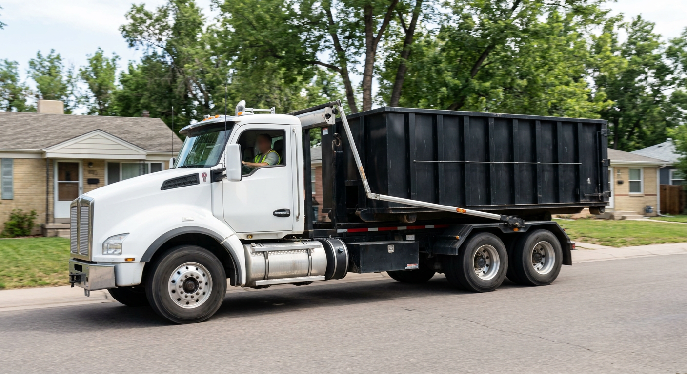 A wide documentary shot of a matte-black roll-off delivery truck pulling onto a quiet Redondo Beach residential street at mid-morning, with neighborhood rooftops and tree-lined blocks visible behind, showing the metro coverage footprint.