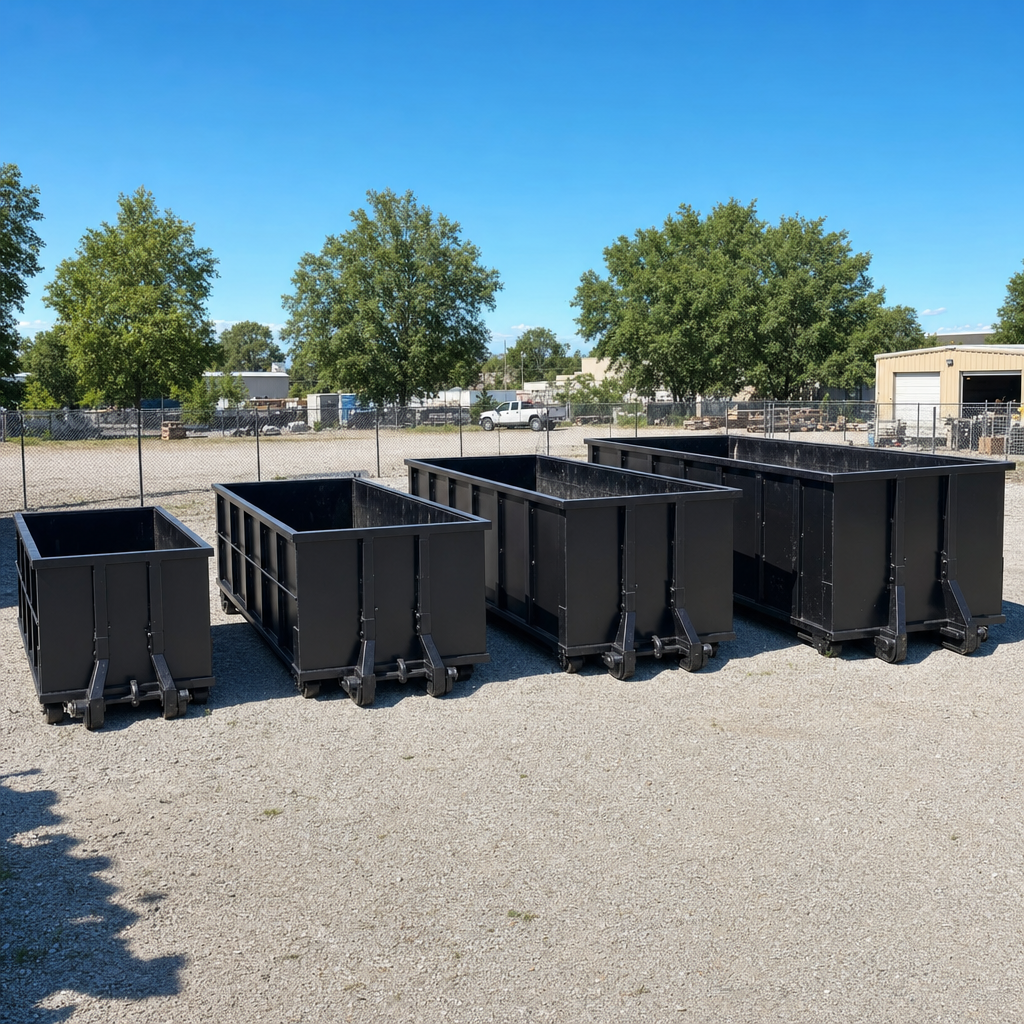 A clean lineup of matte-black roll-off dumpsters in 10, 20, 30, and 40-yard sizes staged on a sunlit gravel yard in Redondo Beach, showing the size progression from compact to commercial-scale containers.