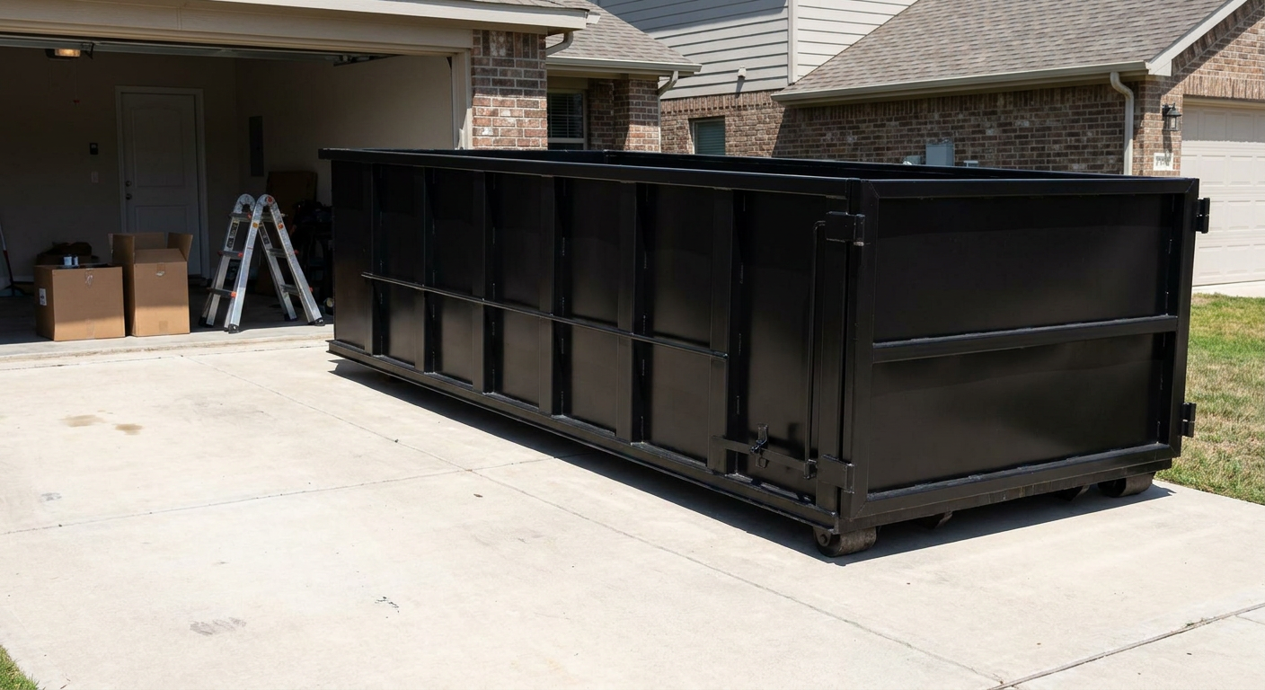 A matte-black 10-yard roll-off dumpster sitting directly on a residential Redondo Beach concrete driveway, mid-day sunlight, clean and ready for a garage cleanout.