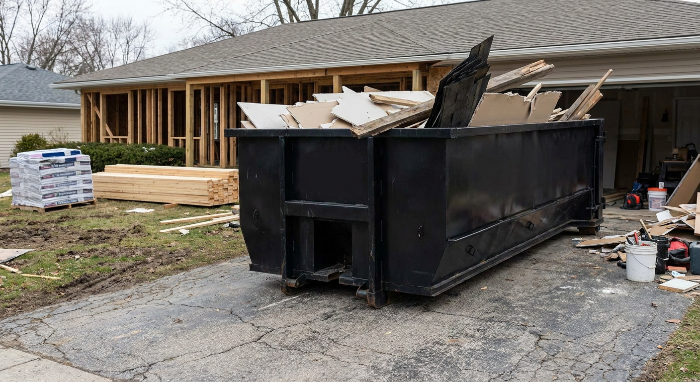 A matte-black 20-yard roll-off dumpster placed alongside a mid-renovation Redondo Beach home directly on the asphalt driveway, with framing materials and torn-off shingles staged neatly nearby.