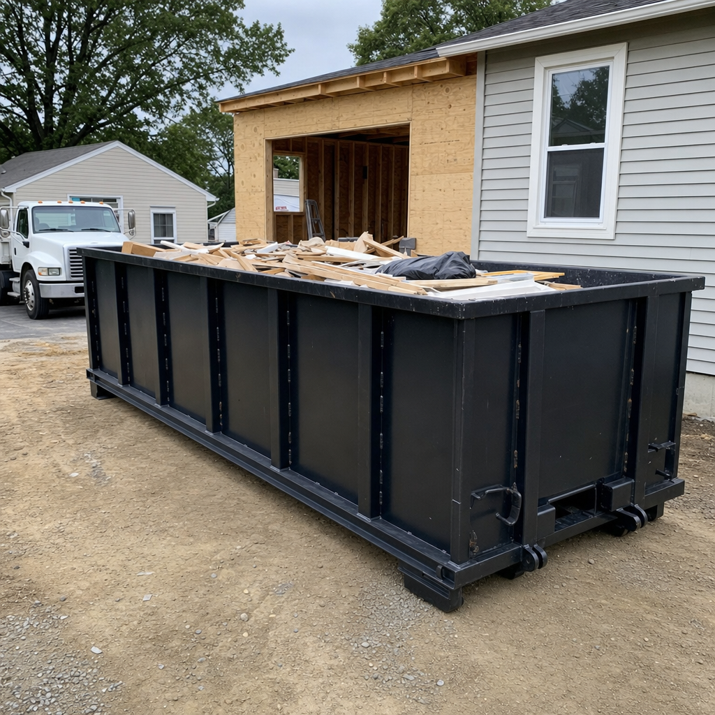 A matte-black 30-yard roll-off dumpster positioned at a Redondo Beach residential addition jobsite, with framing lumber and drywall scraps loaded through the open swinging rear doors.