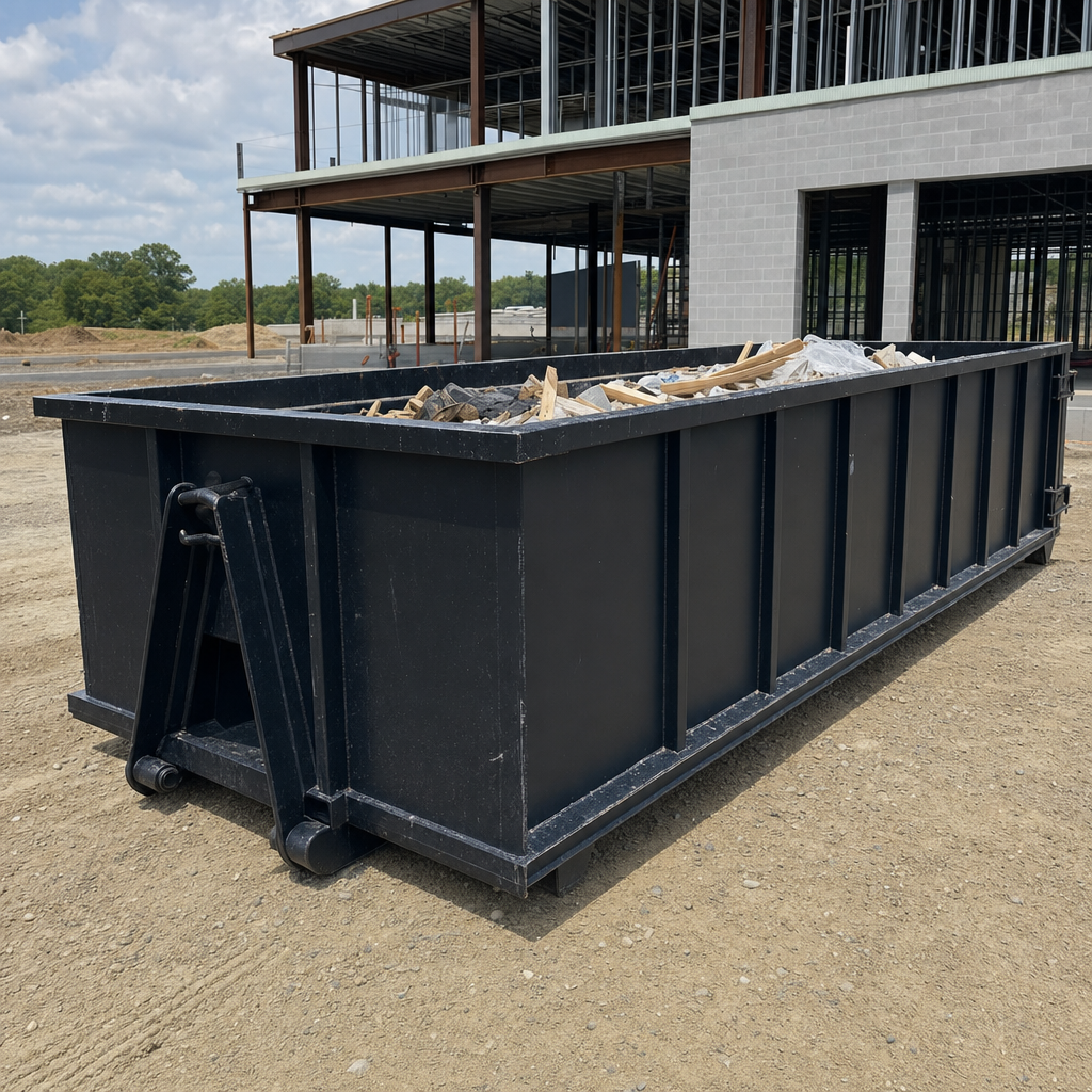 A matte-black 40-yard roll-off dumpster staged on a large Redondo Beach commercial construction lot, with a hooklift delivery truck parked alongside under bright midday sky.