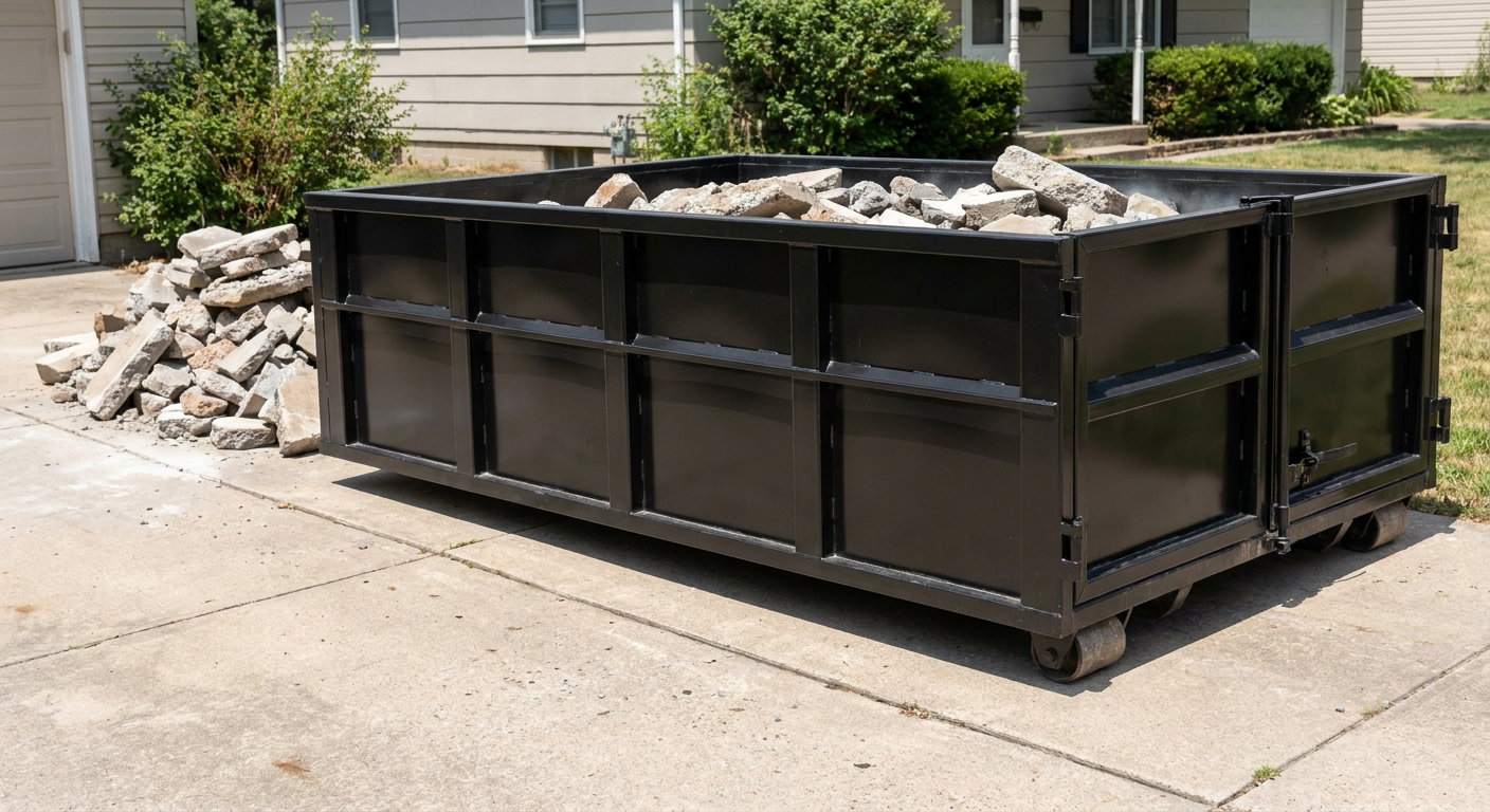 A matte-black low-side heavy-debris roll-off dumpster placed directly on a Redondo Beach concrete driveway, with broken concrete chunks neatly stacked beside it under clean daylight.